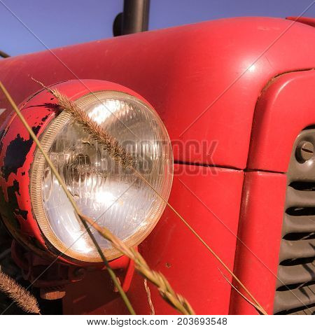 close up photo of old tractor. .