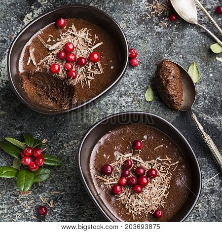 Homemade delicate chocolate mousse with cranberries and chocolate chips in serving ceramic bowls on a gray stone background. Top View