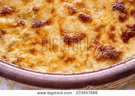 Pastitsio Traditional Greek Baked Pasta Casserole With Ground Beef, Tomatoes, Feta Cheese And Becham