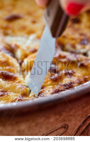 Pastitsio Traditional Greek Baked Pasta Casserole With Ground Beef, Tomatoes, Feta Cheese And Becham