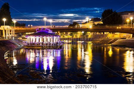 Nis, Serbia - September 8, 2017: Nisava River With Floating Coffee Bar