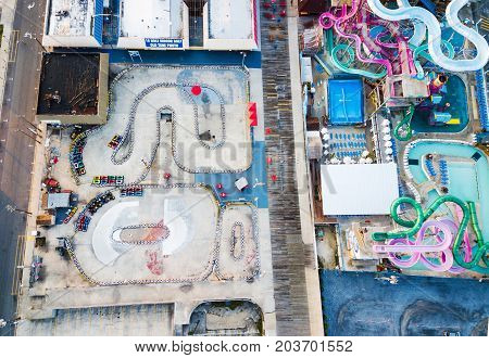 Wildwood, New Jersey, Usa - September 5, 2017: Aerial View Of The The Moreys Piers And Beachfront Wa