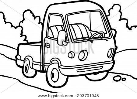small truck on white background. Black and white illustration in a cartoon style.