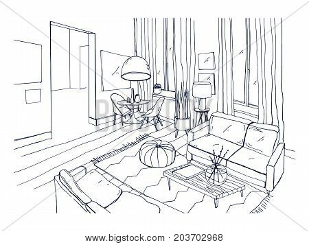 Freehand drawing of living room full of stylish comfortable furniture and home decorations. Sketch of interior of modern apartment hand drawn in black and white colors. Monochrome vector illustration