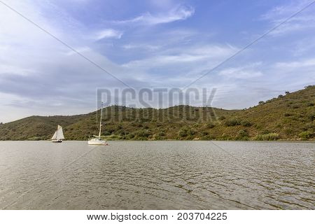Guadiana River the Border of portugal and Spain at the east Algarve in the south of Portugal in Europe. Guerreiros do Rio Alcoutim. Portugal