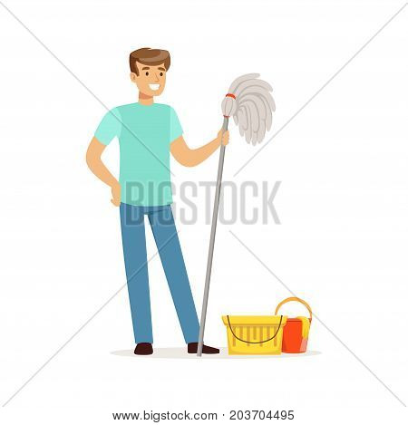 Young smiling man cleaning the floor with a mop and bucket of water, house husband working at home vector Illustration on a white background