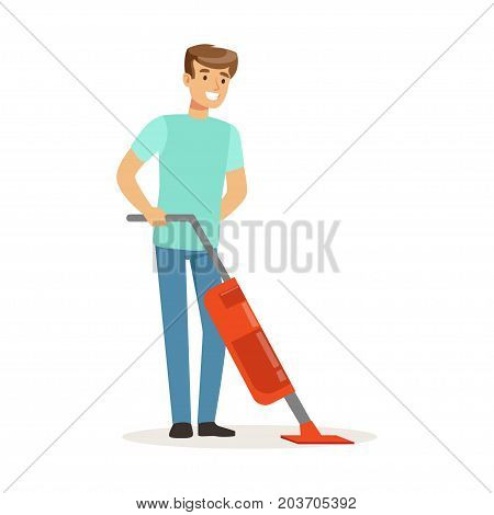 Young smiling man cleaning the floor with steam mop cleaner, house husband working at home vector Illustration on a white background