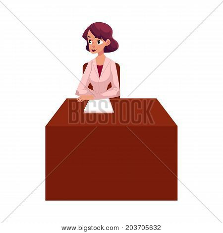 Young woman doctor, therapist sitting at her desk with medical, patient chart, cartoon vector illustration isolated on white background. Cartoon woman doctor sitting at table, ready to see a patient