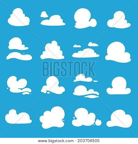 Vector clouds shapes. White illustrations for labels isolate on blue background