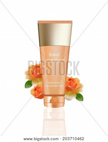 Hand cream or Lotion Cosmetics set Vector realistic mock up. Orange package Hydration cream bottle with logo. Perfect for advertising, flyer, banner, poster. 3d illustration