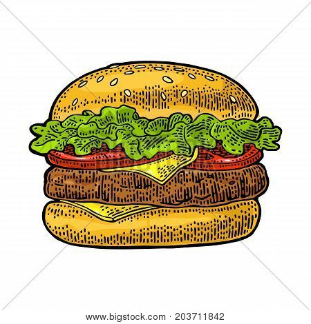 Classic burger include cutlet tomato cheese and salad isolated on white background. Vector color vintage engraving illustration for poster and menu