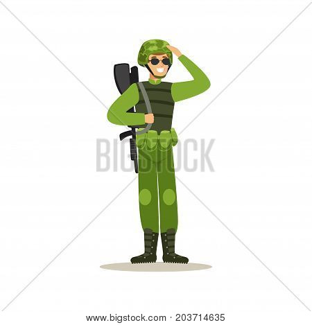 Infantry troops soldier character in camouflage combat uniform doing a hand salute vector Illustration on a white background