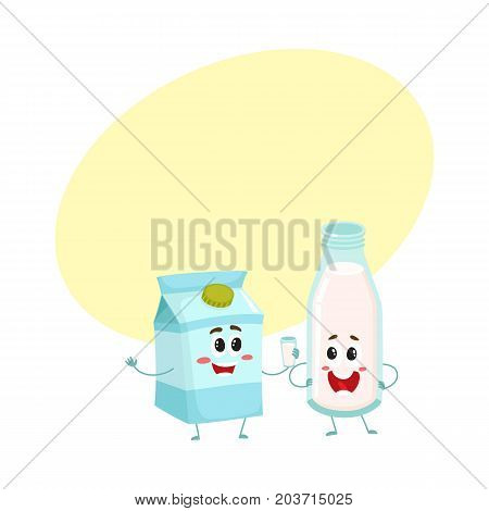 Funny milk characters, bottle and carton box, with smiling human faces, cartoon vector illustration with space for text. Cute, funny bottle and carton box of milk characters, dairy products