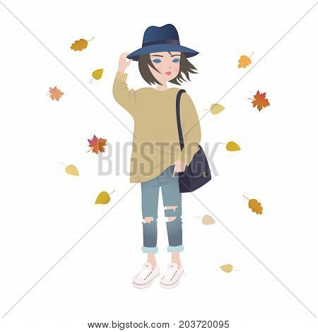 Cute fashion cartoon girl wearing trendy autumn outfit vector isolated illustration