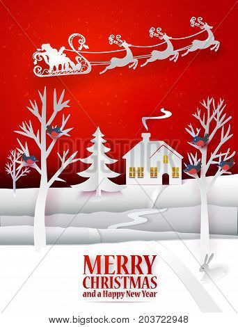 Marry Christmas paper poster with hand cut paper landscape Santa Claus deers on the sky. Happy New Year paper art card with house, fir tree, birds, rabbit. Vector illustration. Holidays greetings
