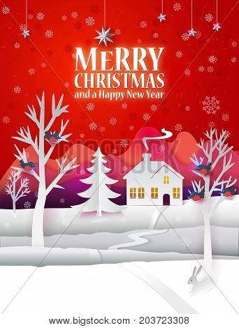 Marry Christmas paper poster with hand cut paper landscape and hipster text greetings. Happy New Year paper art card with winter house, buildings, fir tree, birds, snow and stars. Vector illustration