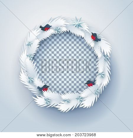 White Paper art wreath frame with birds, stars. Circle decorative border made from paper fir tree branches. Christmas and happy new year cut out design with transparent. Vector illustration