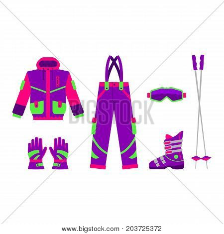 Skiing, hiking, winter sport set - jacket, pants, boot, goggle, gloves, poles flat style vector illustration isolated on white background.