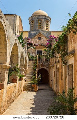 Chania, Greece - August, 2017: Monastery of Agia Triada Tzagaroli in Chania region on Crete island, Greece.