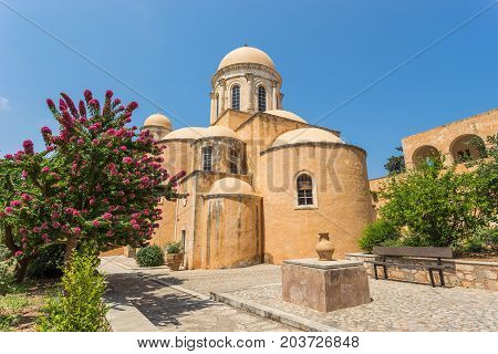 Chania, Greece - August, 2017: Monastery of Agia Triada Tzagaroli in Chania region on Crete island, Greece.