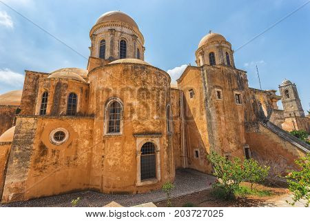 Chania, Greece - August, 2017: Monastery of Agia Triada Tzagaroli in Chania region on Crete island, Greece.