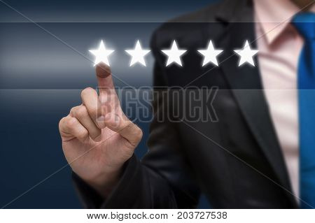 Businessman pointing five star symbol to increase rating of company or hotel on dark tone background business evaluation concept Increase rating, 3D illustration