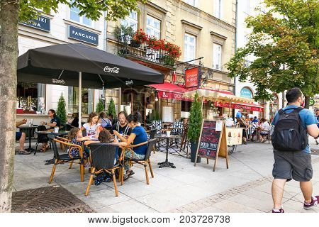 Warsaw, Poland - August 2, 2017: Architecture And People On The Street New World In Warsaw.