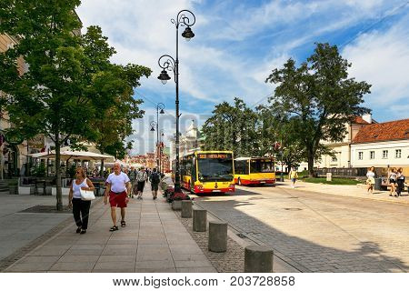 Warsaw, Poland - August 2, 2017: Architecture And People On The Street New World In Warsaw.
