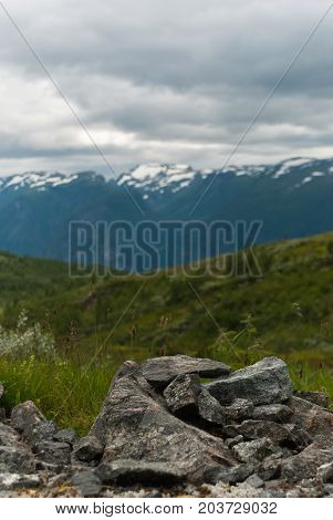 Mountain landscape along the National tourist route Aurlandstjellet. Flotane. Western Norway