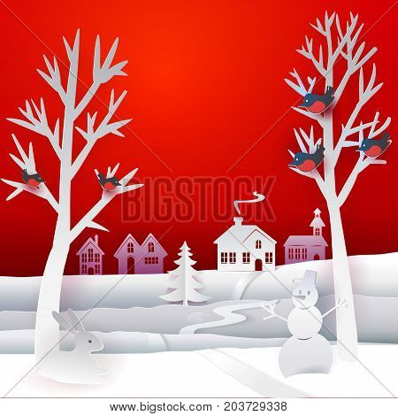 Marry Christmas paper banner with hand cut paper landscape. Happy New Year paper art card with winter house, buildings, fir tree, birds, snowman. Vector illustration