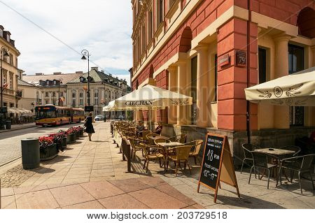 Warsaw, Poland - August 2, 2017: Architecture And People On The Street New World In Warsaw.