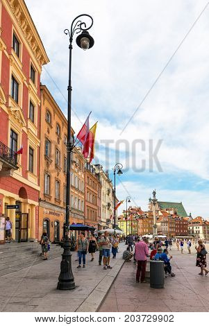 Warsaw, Poland - August 2, 2017: Architecture And People On The Street New World In Warsaw.