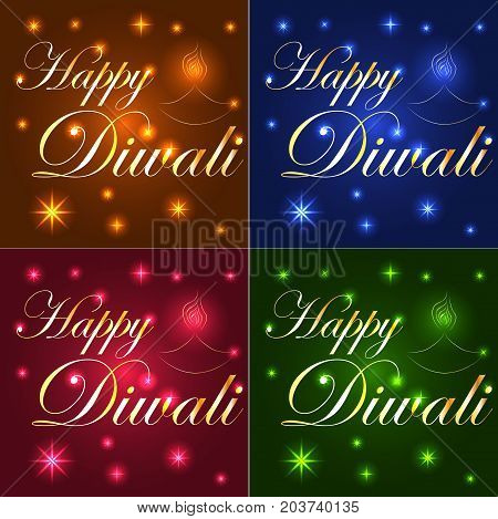Happy Diwali. Light Background, Neon Effect. The Inscription On A Blue, Brown, Red, Emerald Backgrou