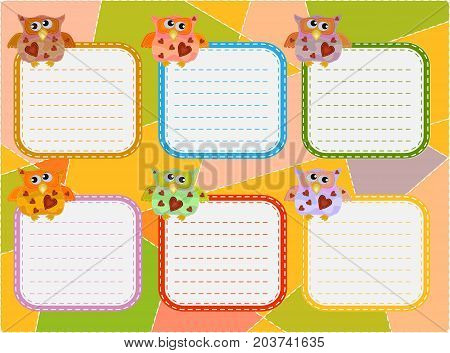 A timetable schedule of lessons a poster a plan for six working days decorated with wise owls painted with imitation sewing patches.
