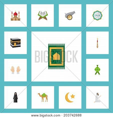 Flat Icons Prayer Carpet, New Lunar, Mecca And Other Vector Elements