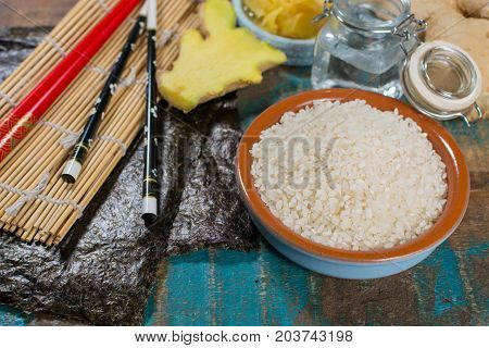 Asian Food Background. Sushi And Rolls Preparation. Making Sushi At Home Traditional Sushi Ingredien