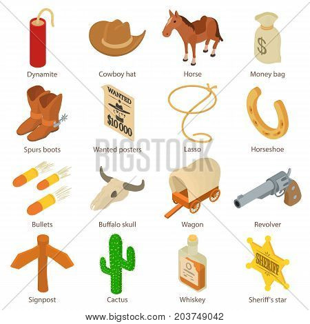 Wild west icons set. Isometric illustration of 16 wild west vector icons for web