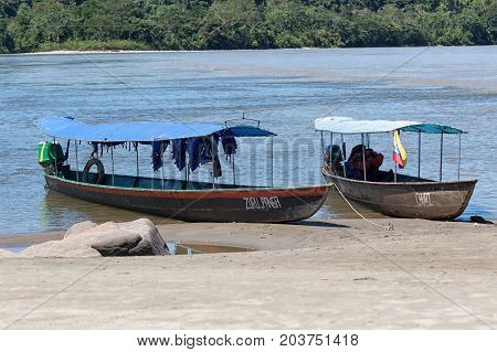 June 6 2017 Misahualli Ecuador: boats are used as a main transportation on river Napo in the Amazon area of the country