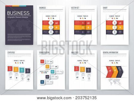 Set with infographics. Data and information visualization. Template. Stock vector. Dynamic infographics stylish geometric. element for design business invitations, gift cards, flyers and brochures
