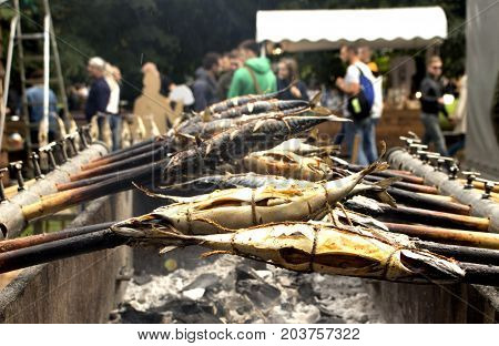 smoked fish closeup roasted on the fire
