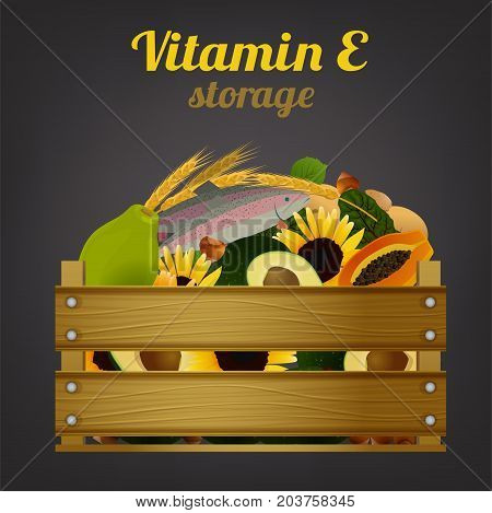 Wooden crate with tropical fruits. Vitamin C storage concept. Ripe lemons, oranges and grapefruits in fruiterer box. Vector illustration isolated on a dark grey background.