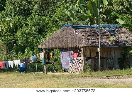 June 6 2017 Misahualli Ecuador: small habitation shacks made of wood planks in the Amazon area