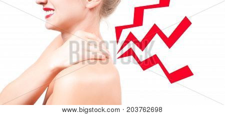 Woman has neck pain. Woman suffering from neckache. Girl is touching her shoulder because it aches. Pain concept.