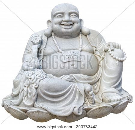 Sitting Smiling Buddha Oriental ceramic figurine netsuke isolated on white background
