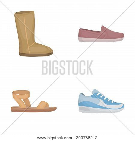 Beige ugg boots with fur, brown loafers with a white sole, sandals with a fastener, white and blue sneakers. Shoes set collection icons in cartoon style vector symbol stock illustration .
