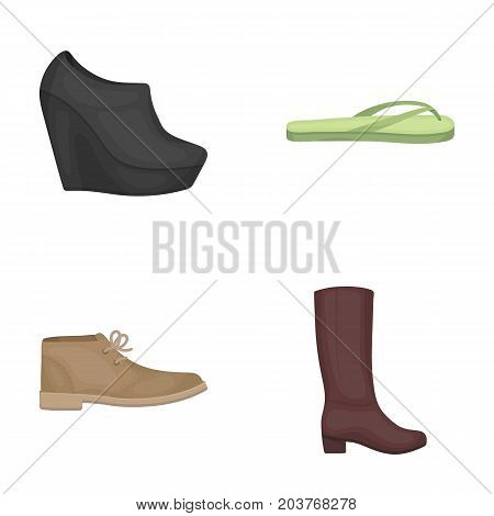 Autumn black shoes on a high platform, flip-flops green for relaxation, sandy men's autumn shoes, high brown boots. Shoes set collection icons in cartoon style vector symbol stock illustration .
