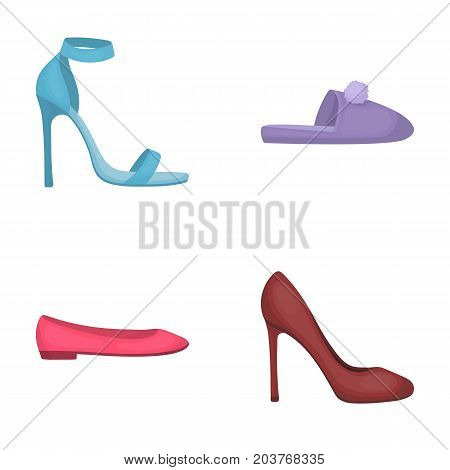Blue high-heeled sandals, homemade lilac slippers with a pampon, pink women's ballet flats, brown high-heeled shoes. Shoes set collection icons in cartoon style vector symbol stock illustration .