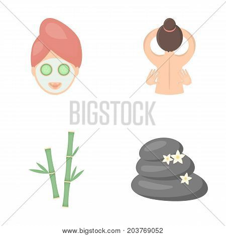 Face with a cosmetic mask with cucumbers, massage hands, bamboo, stones with lotus flowers. Spa set collection icons in cartoon style vector symbol stock illustration .