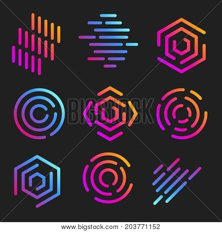 Isolated line art logos templates. Abstract linear logotypes. Colorful geometric icons collection. Outline innovate design elements. Vector simple futuristic signs set