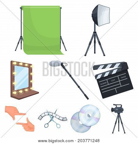 A movie camera, a floodlight, a chromakey and other equipment for the cinema.Making movie set collection icons in cartoon style vector symbol stock illustration .